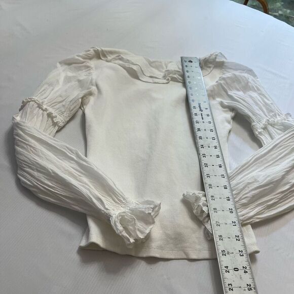 By Anthropologie Ruffled Ivory Blouse Top Ribbed Long Sleeve Ivory Size Small - Picture 9 of 9